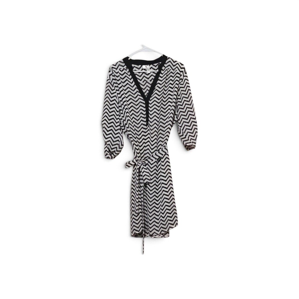 Tacera Womens 1X Zig Zag V-Neck Belted Tunic Dress Black White Long Sleeve